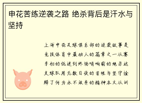 申花苦练逆袭之路 绝杀背后是汗水与坚持